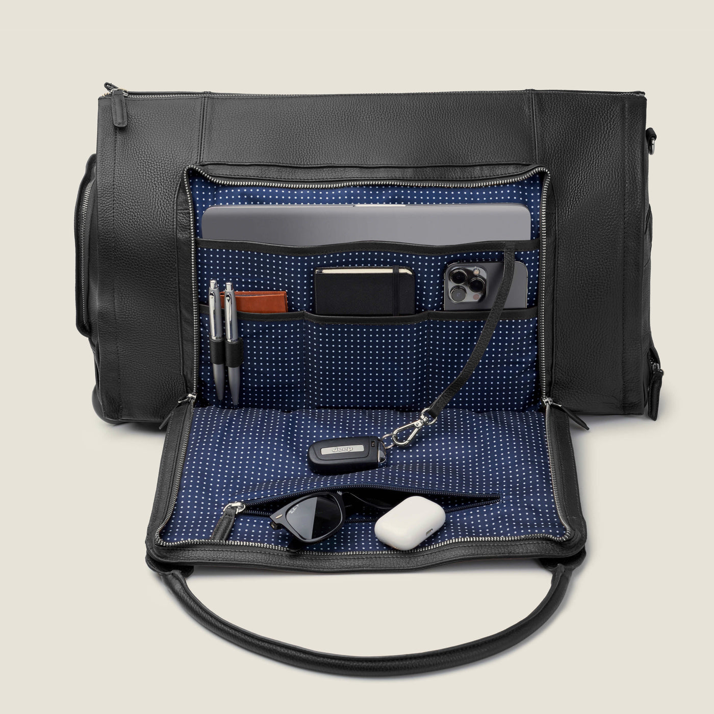Nova - The Original Leather Garment Roller Duffle in Jet Black by Wool & Oak