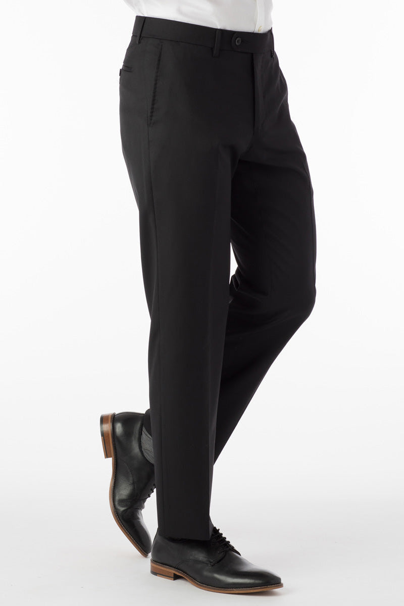 Super 130s Loro Piana Wool Gabardine Flat Front Trouser in Black, Size 32 (Park Traditional Fit) by 6 East by Ballin
