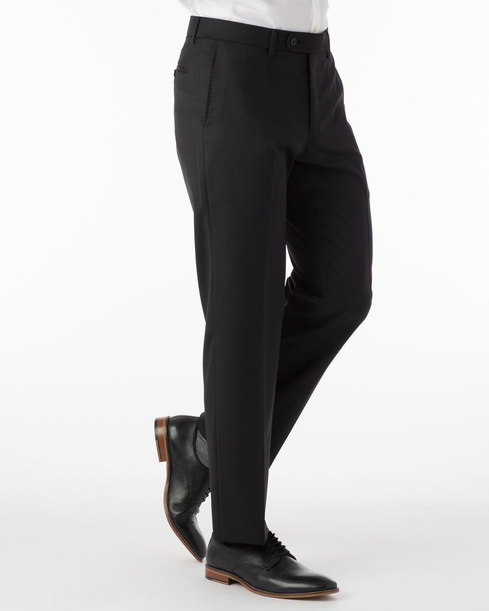 Super 130s Loro Piana Wool Gabardine Flat Front Trouser in Black (Choi
