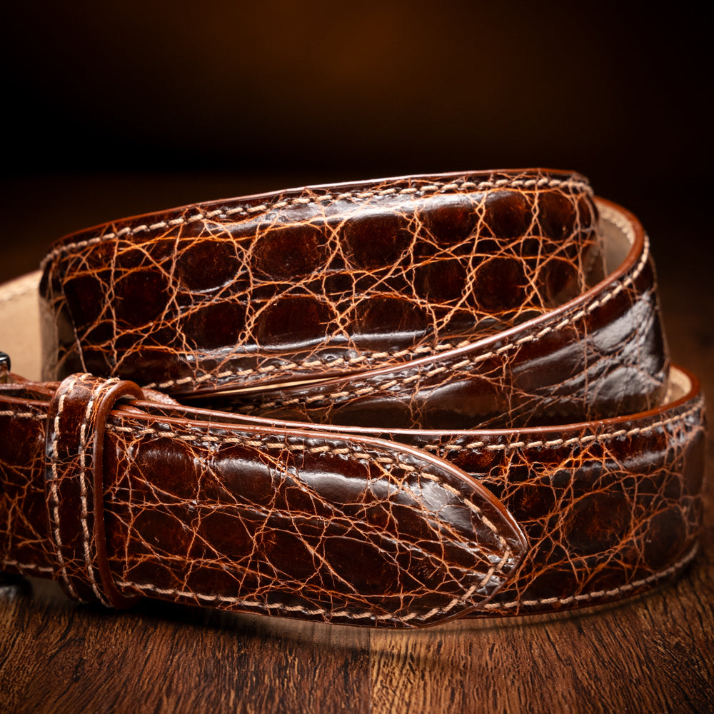 Caiman Crocodile Dress Belt in Cognac by Zelli Italia