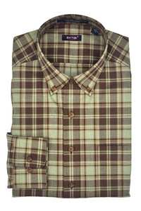 'Callum' Sage and Brown Plaid Long Sleeve Beyond Non-Iron® Cotton Sport Shirt (Choice of Fit) by Batton