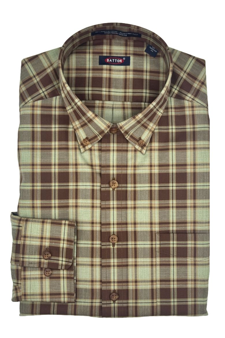 'Callum' Sage and Brown Plaid Long Sleeve Beyond Non-Iron® Cotton Sport Shirt (Choice of Fit) by Batton
