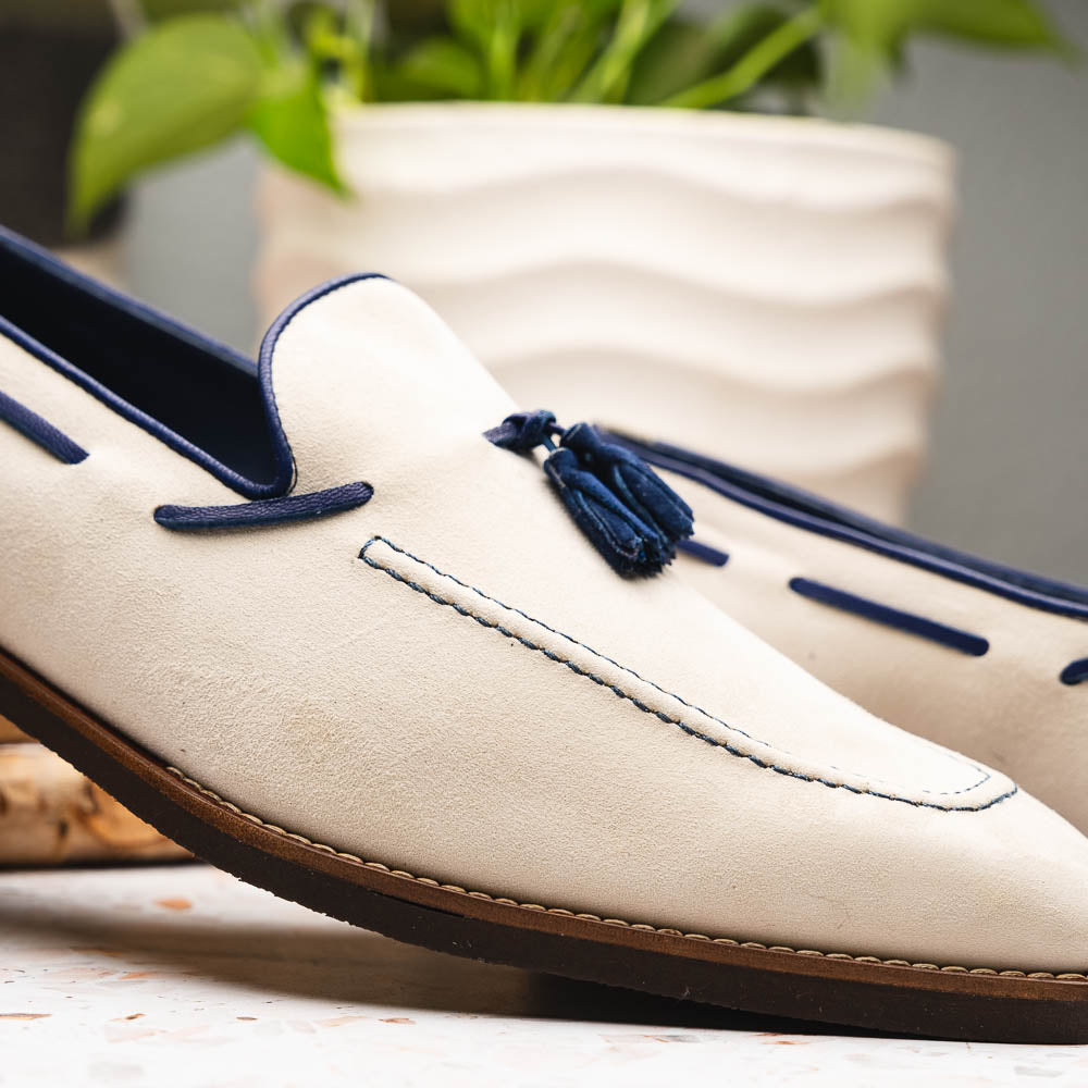 Carmen Sueded Goatskin & Crocodile Tassel Loafer in Sand by Zelli Italia