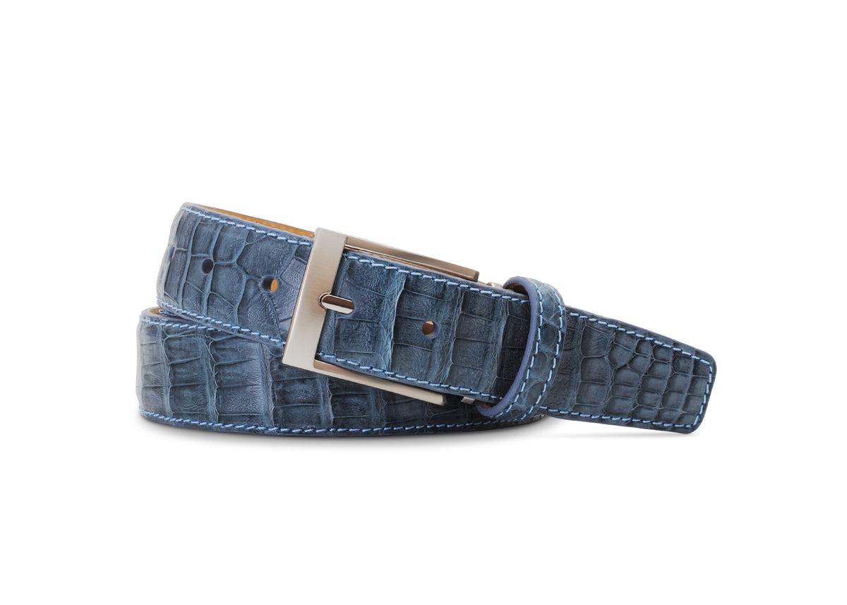 Blue Croco Leather Belt Silver Gold Hammered Buckle Women\'s Accessories Belts Blue Crocodile/Alligator Belts for Women for sale | eBay main image 3