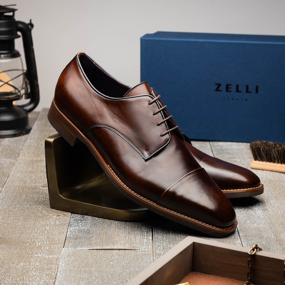 Enzo Italian Calfskin Cap Toe Lace Up in Chestnut by Zelli  display picture 3