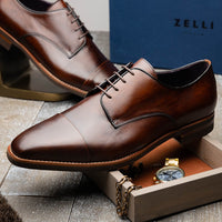Enzo Italian Calfskin Cap Toe Lace Up in Chestnut by Zelli Italia