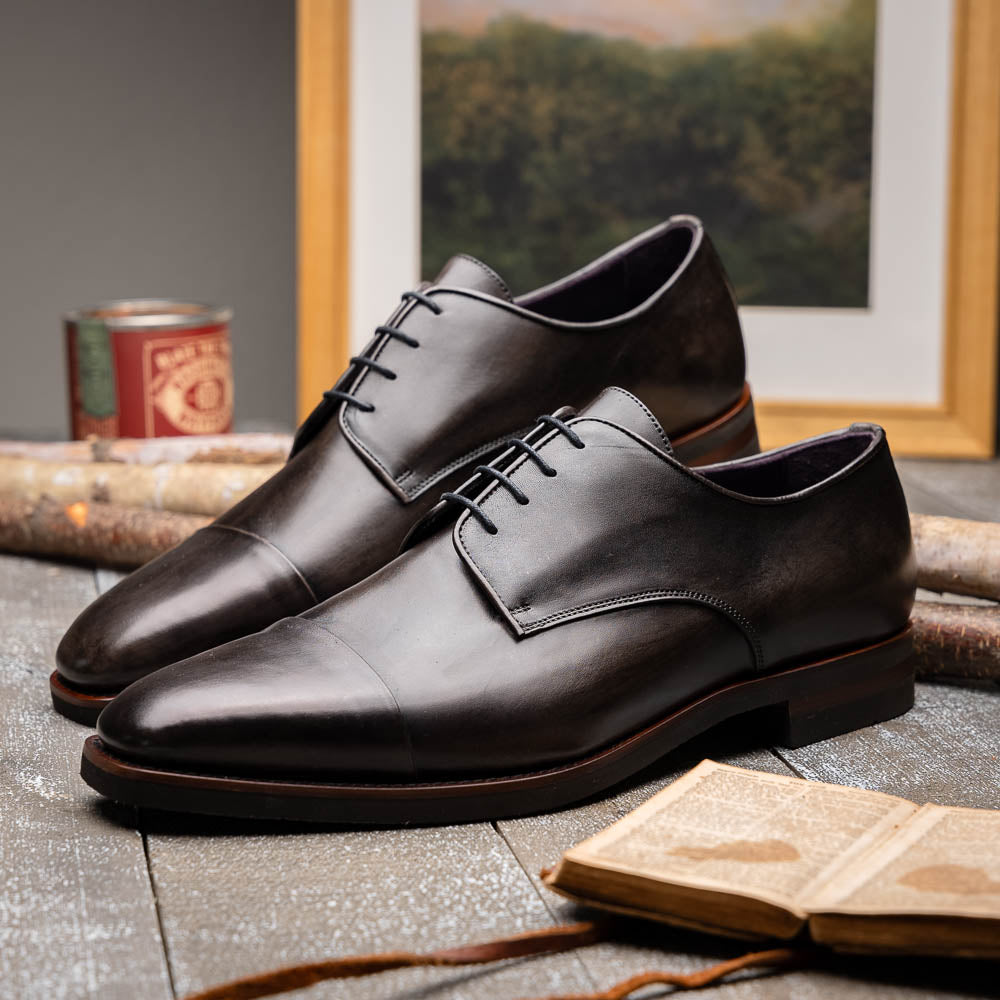 Enzo Italian Calfskin Cap Toe Lace Up in Burnished Black by Zelli Italia