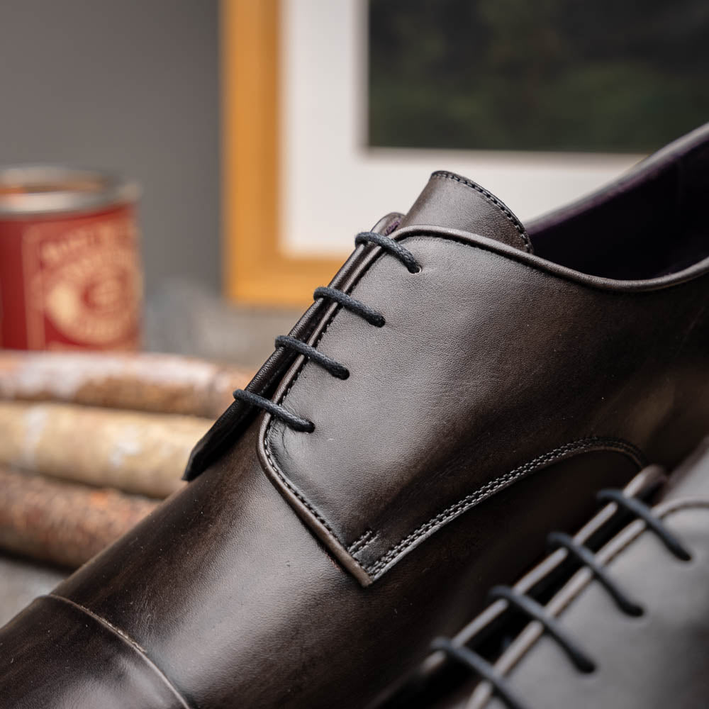 Enzo Italian Calfskin Cap Toe Lace Up in Burnished Black by Zelli Italia