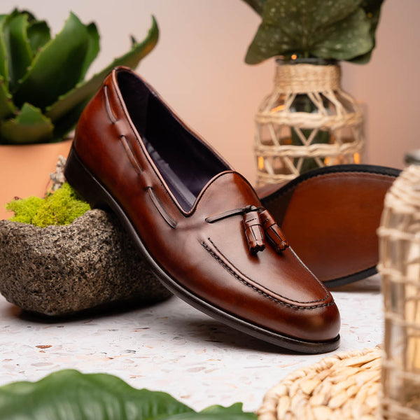 Franco Handfinished Italian Calfskin Tassel Loafer in Cognac by Zelli