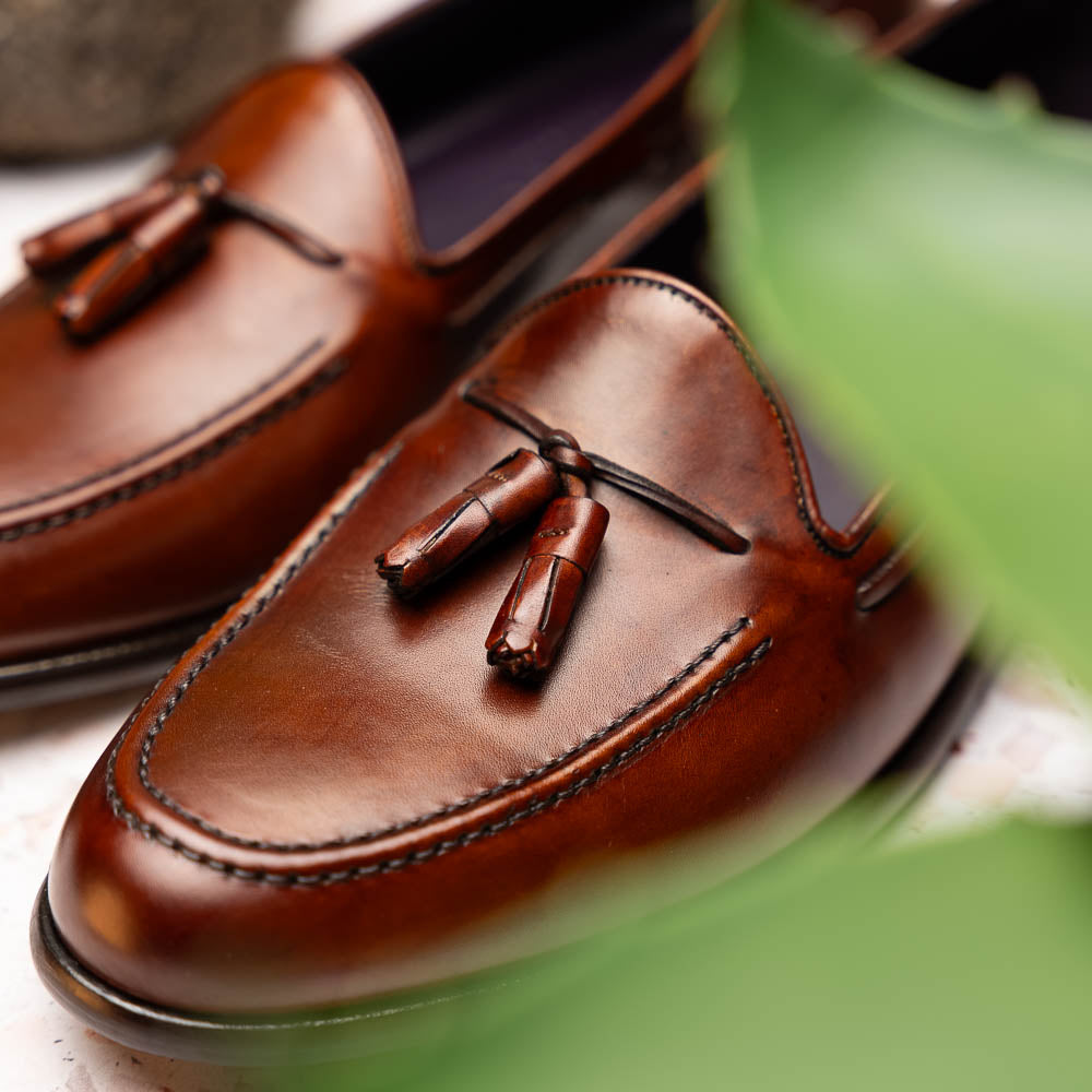 Franco Handfinished Italian Calfskin Tassel Loafer in Cognac by Zelli Italia