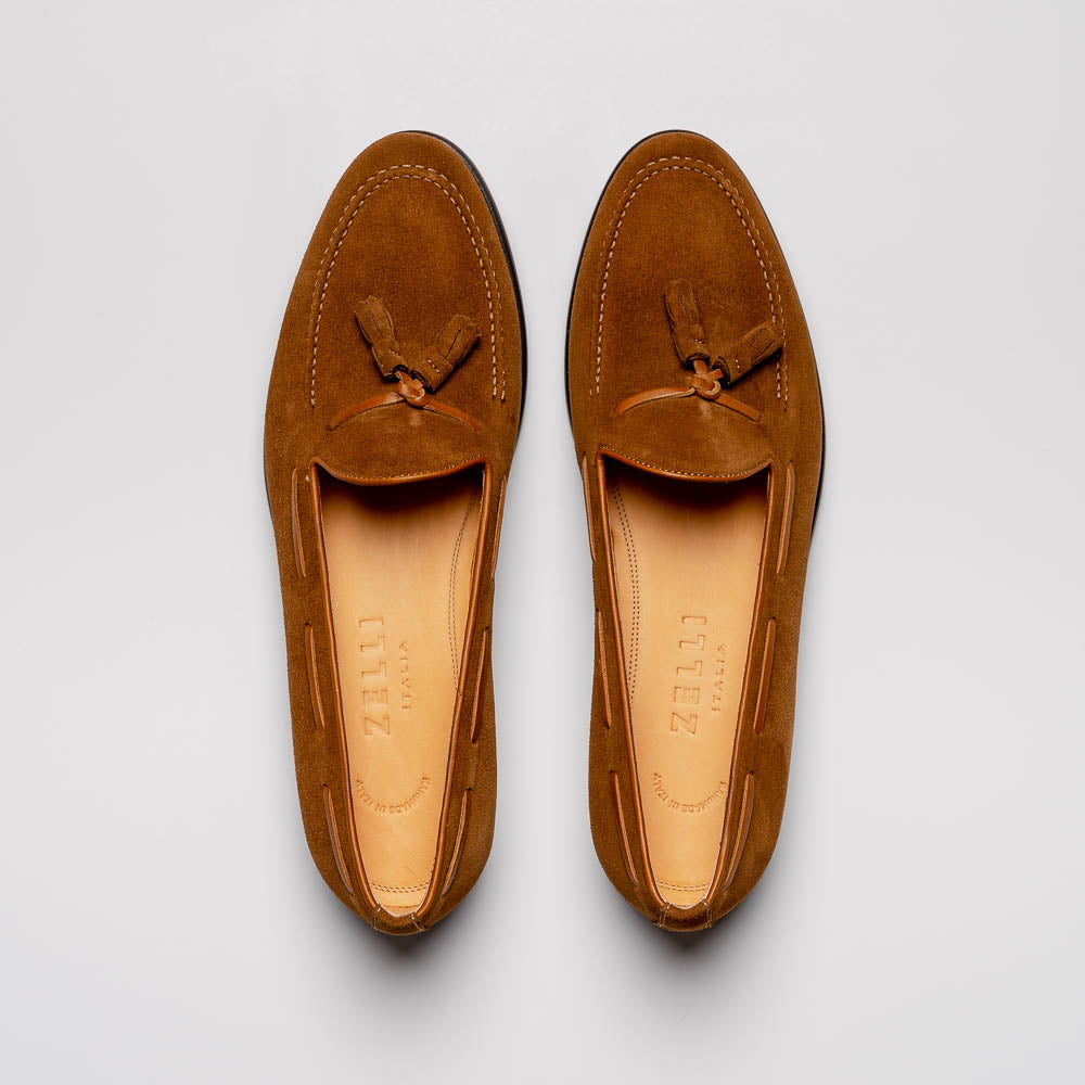 Franco Sueded Italian Calfskin Tassel Loafer in Tobacco by Zelli Italia