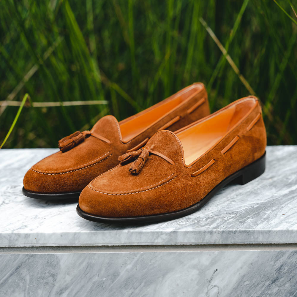 Franco Sueded Italian Calfskin Tassel Loafer in Tobacco by Zelli Italia
