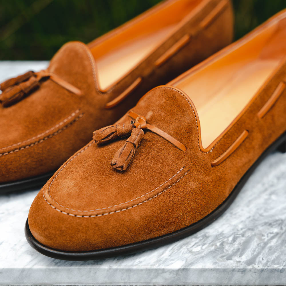 Franco Sueded Italian Calfskin Tassel Loafer in Tobacco by Zelli Italia