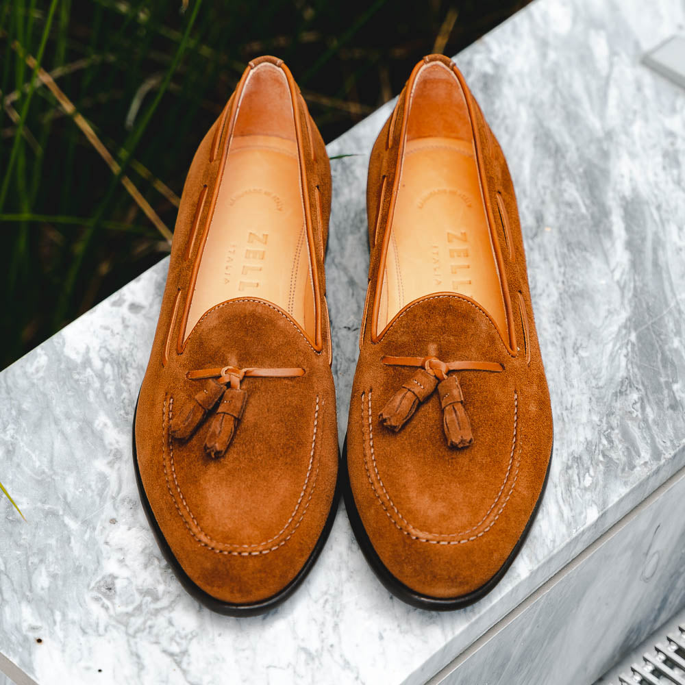 Franco Sueded Italian Calfskin Tassel Loafer in Tobacco by Zelli Italia