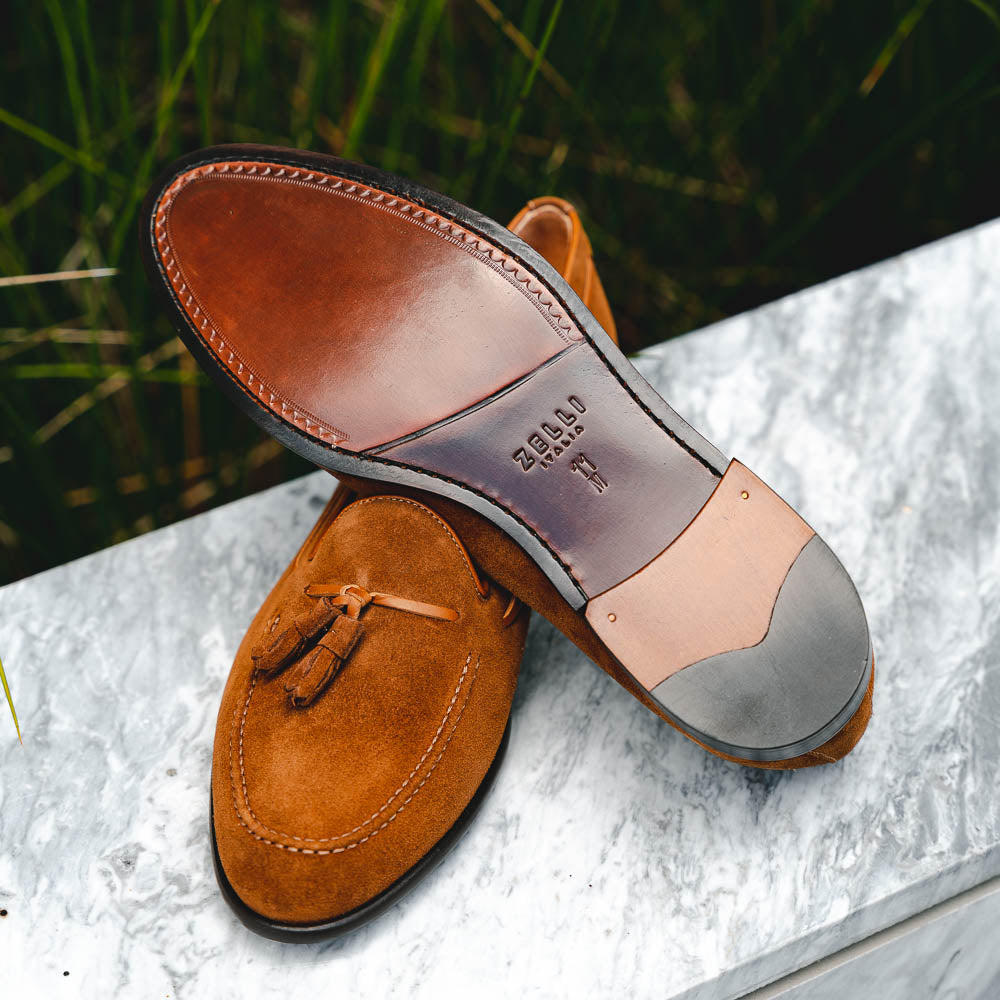 Franco Sueded Italian Calfskin Tassel Loafer in Tobacco by Zelli Italia