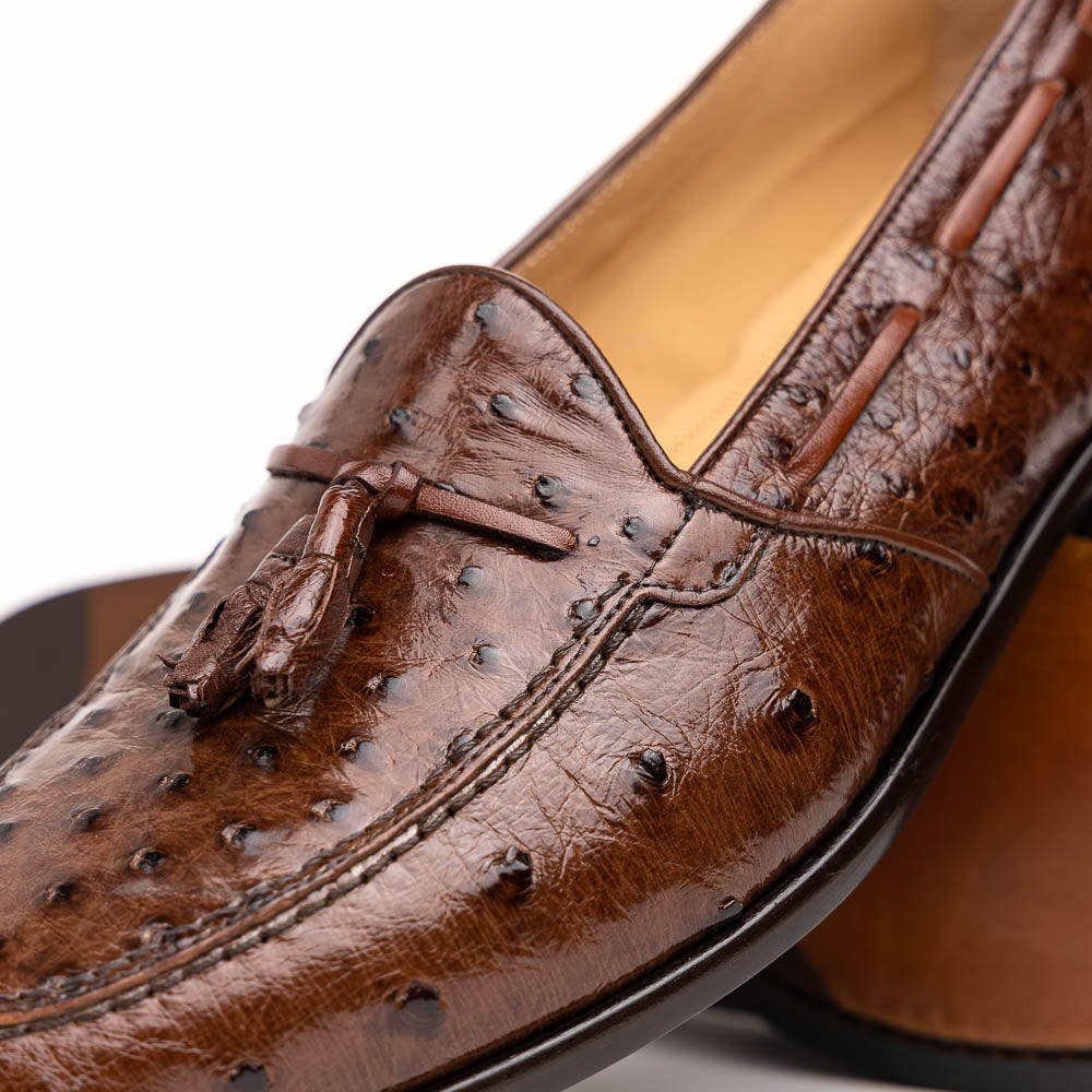 Franco Ostrich Quill Tassel Loafer in Brown by Zelli Italia