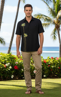 'Twin Palms' Embroidered Short Sleeve Resort Hawaiian Shirt in Black by Weekender
