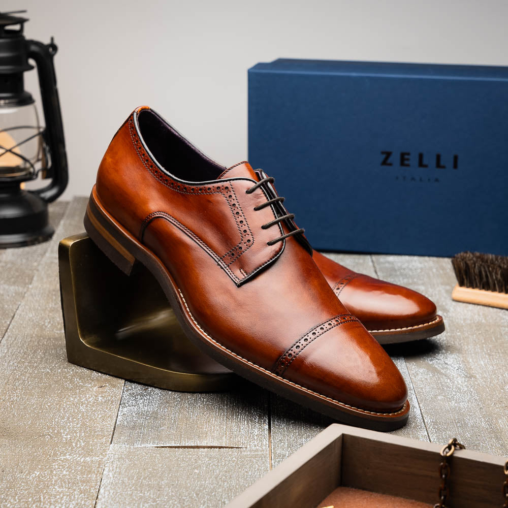 Giovanni Italian Calfskin Lace Up with Micro Perf in Cognac by Zelli Italia
