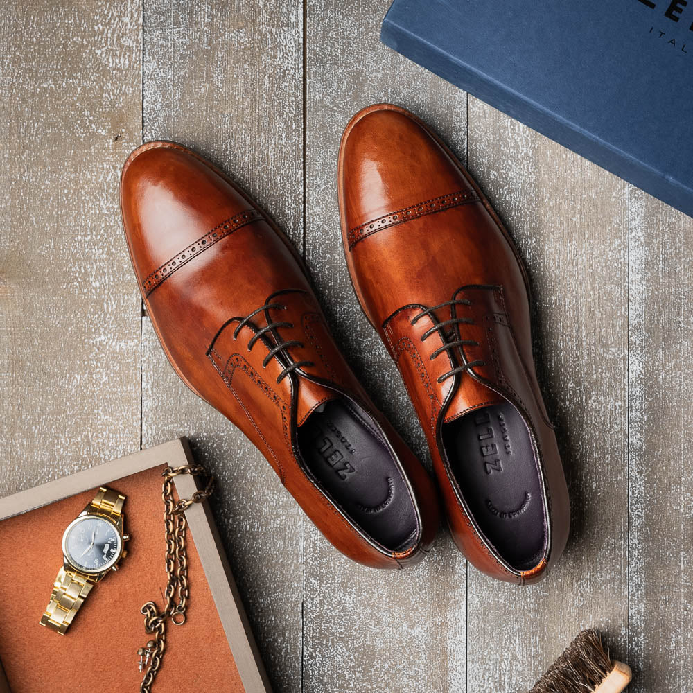 Giovanni Italian Calfskin Lace Up with Micro Perf in Cognac by Zelli Italia