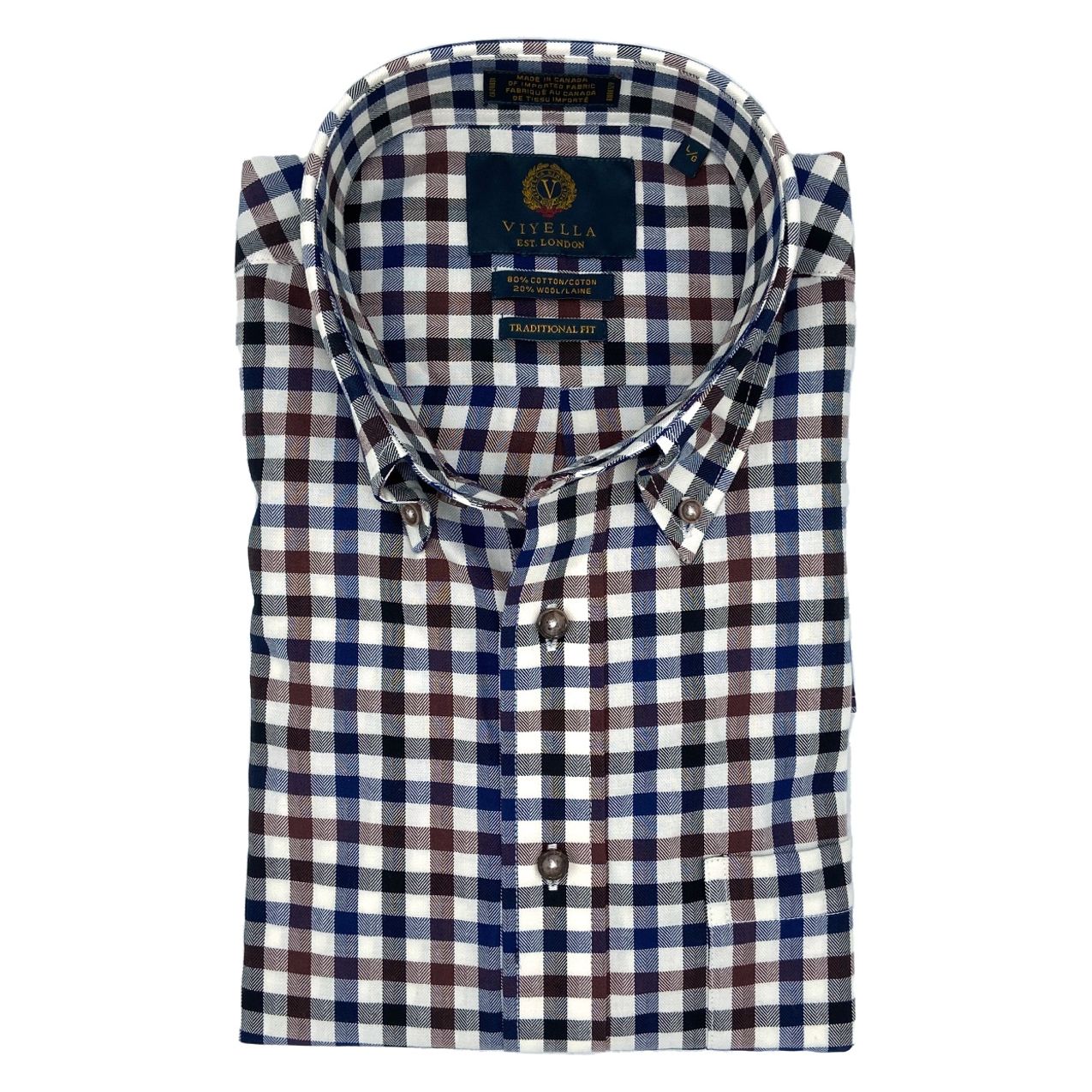 Brown, Blue, and Natural Herringbone Check Cotton and Wool Blend Button-Down Shirt by Viyella