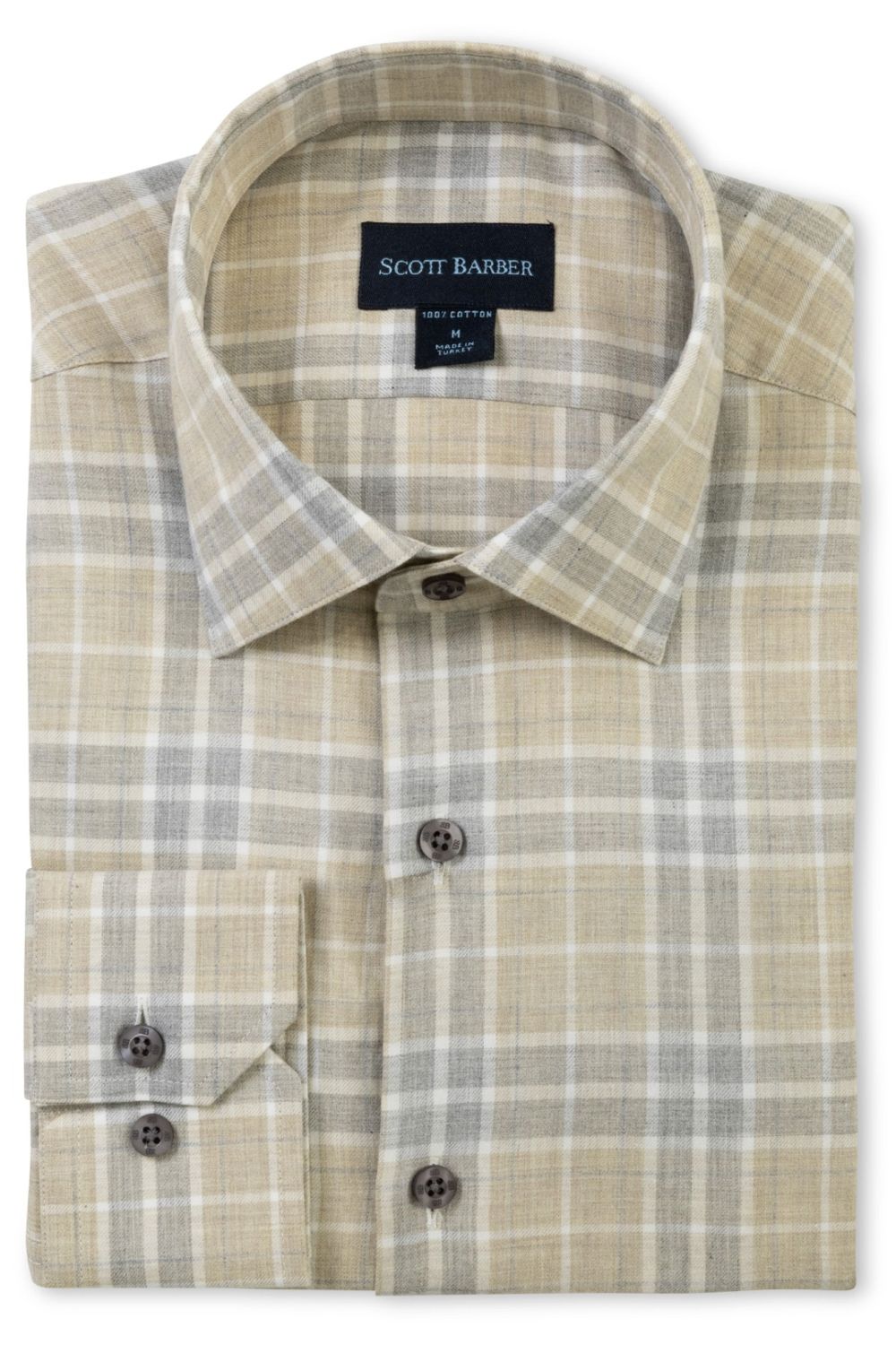 Weekend Heathered Windowpane Plaid Cotton Sport Shirt in Khaki and Grey by Scott Barber