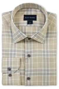 Weekend Heathered Windowpane Plaid Cotton Sport Shirt in Khaki and Grey by Scott Barber