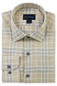 Weekend Heathered Windowpane Plaid Cotton Sport Shirt in Khaki and Grey by Scott Barber
