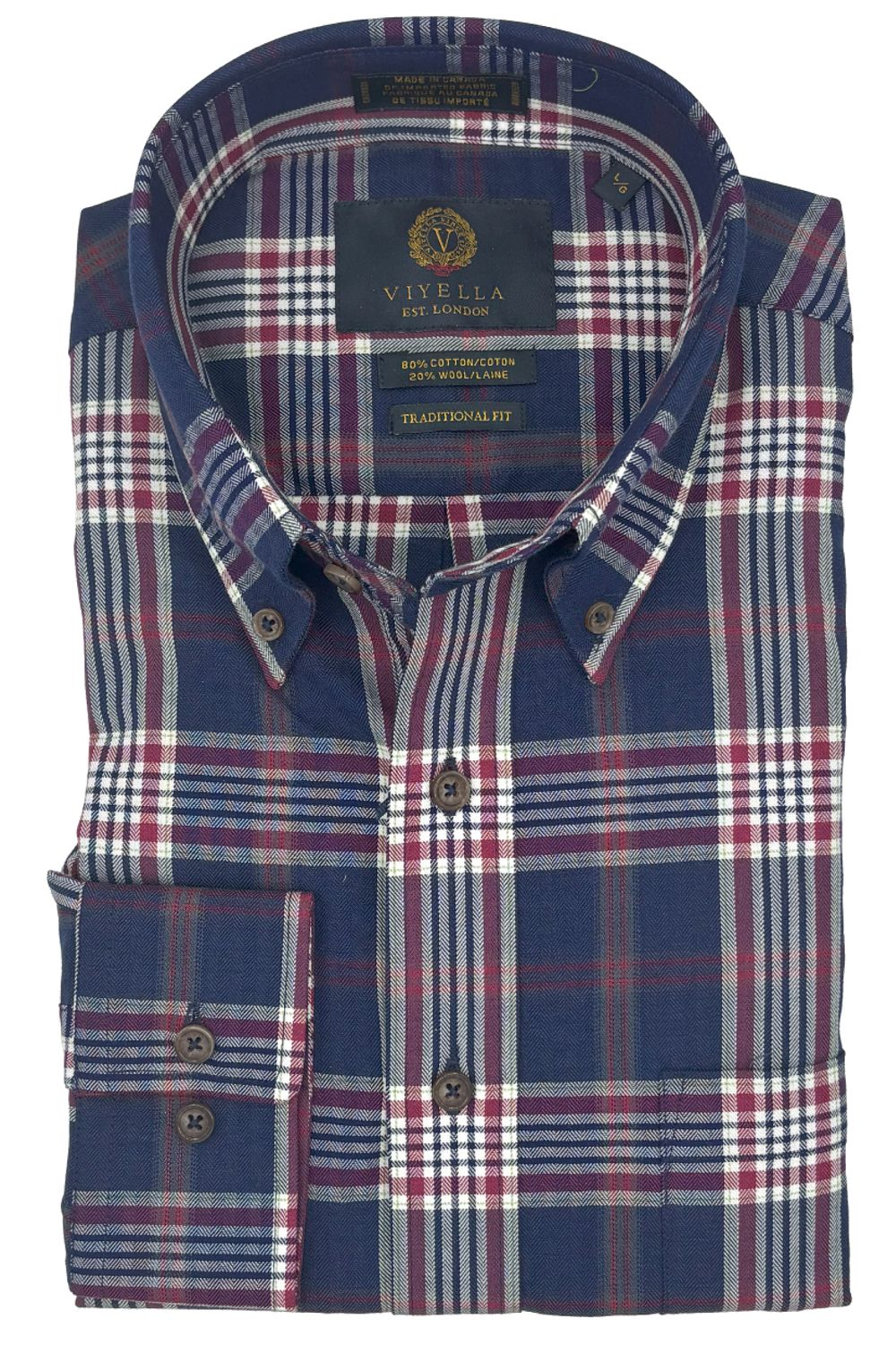 Navy, Charcoal, and Red Herringbone Plaid Cotton and Wool Blend Button-Down Shirt by Viyella