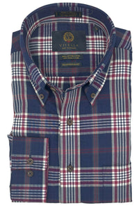 Navy, Charcoal, and Red Herringbone Plaid Cotton and Wool Blend Button-Down Shirt by Viyella