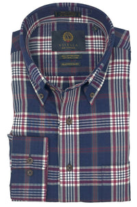 Navy, Charcoal, and Red Herringbone Plaid Cotton and Wool Blend Button-Down Shirt by Viyella