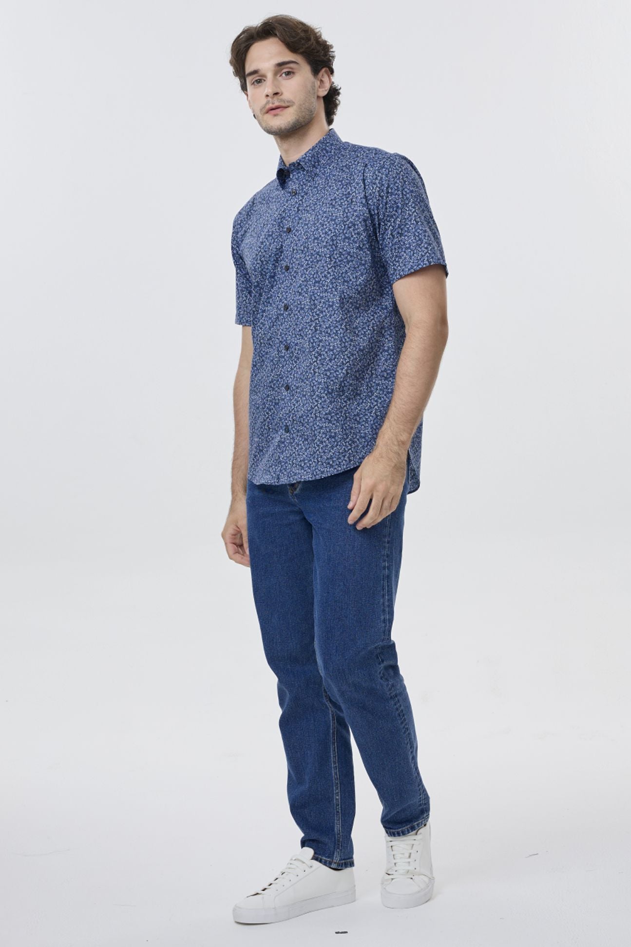 Navy and Blue Botanical Leaf Print Short Sleeve No-Iron Cotton Sport Shirt with Hidden Button Down Collar by Leo Chevalier