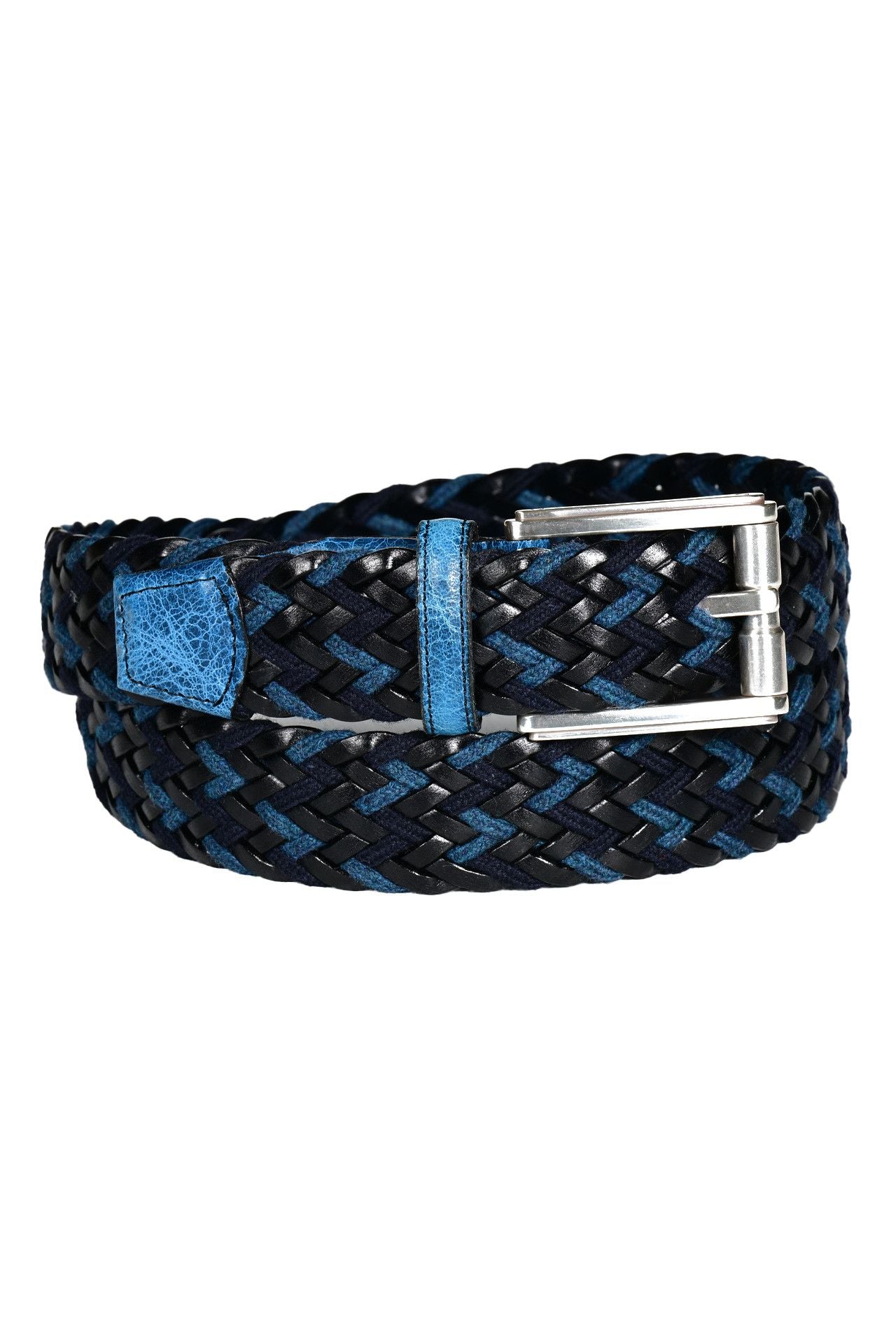 Italian Chevron Weave Belt with Distressed Shrunken Calfskin in Blue/Black/Navy by Torino Leather