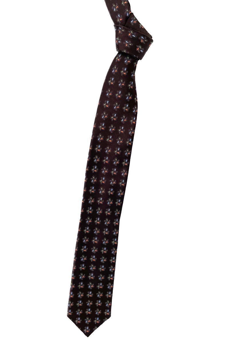 Brown, Blue, Green and Orange Neat Paisley Pine Woven Silk Estate Tie by Robert Talbott