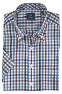 Blue, Red, and Grey Multi Plaid Woven Short Sleeve No-Iron Cotton Sport Shirt with Button Down Collar by Leo Chevalier