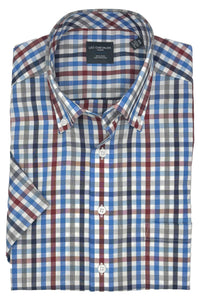 Blue, Red, and Grey Multi Plaid Woven Short Sleeve No-Iron Cotton Sport Shirt with Button Down Collar by Leo Chevalier