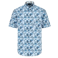 Sky Blue Palm Print Short Sleeve No-Iron Cotton Sport Shirt with Hidden Button Down Collar by Leo Chevalier