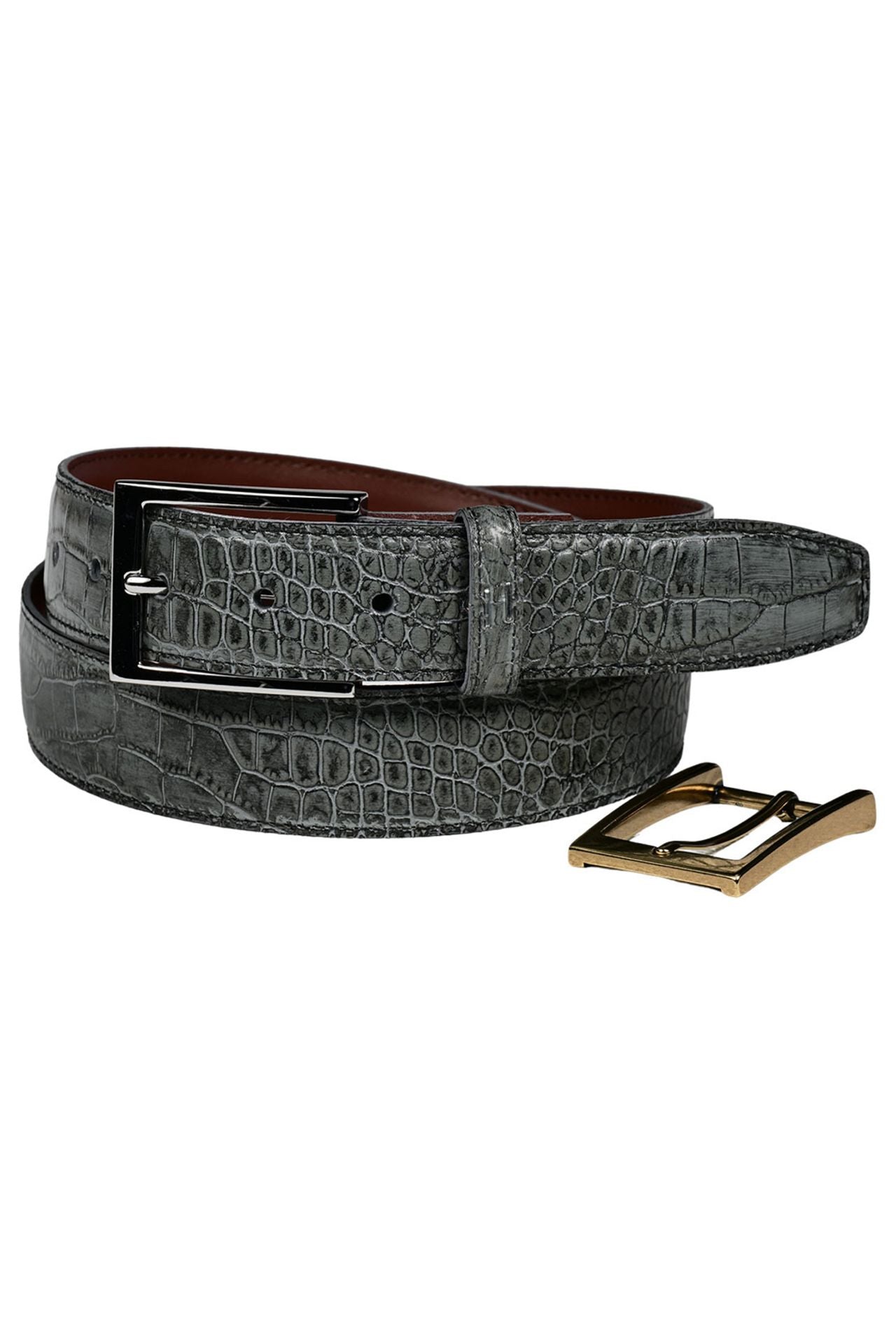 Alligator Grain Embossed Calfskin Belt with Interchangeable Buckles in Gator Grey by Torino Leather
