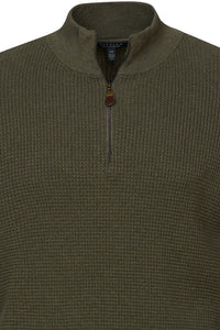 Cotton Waffle-Knit Quarter-Zip Mock Neck Sweater in Green by Viyella