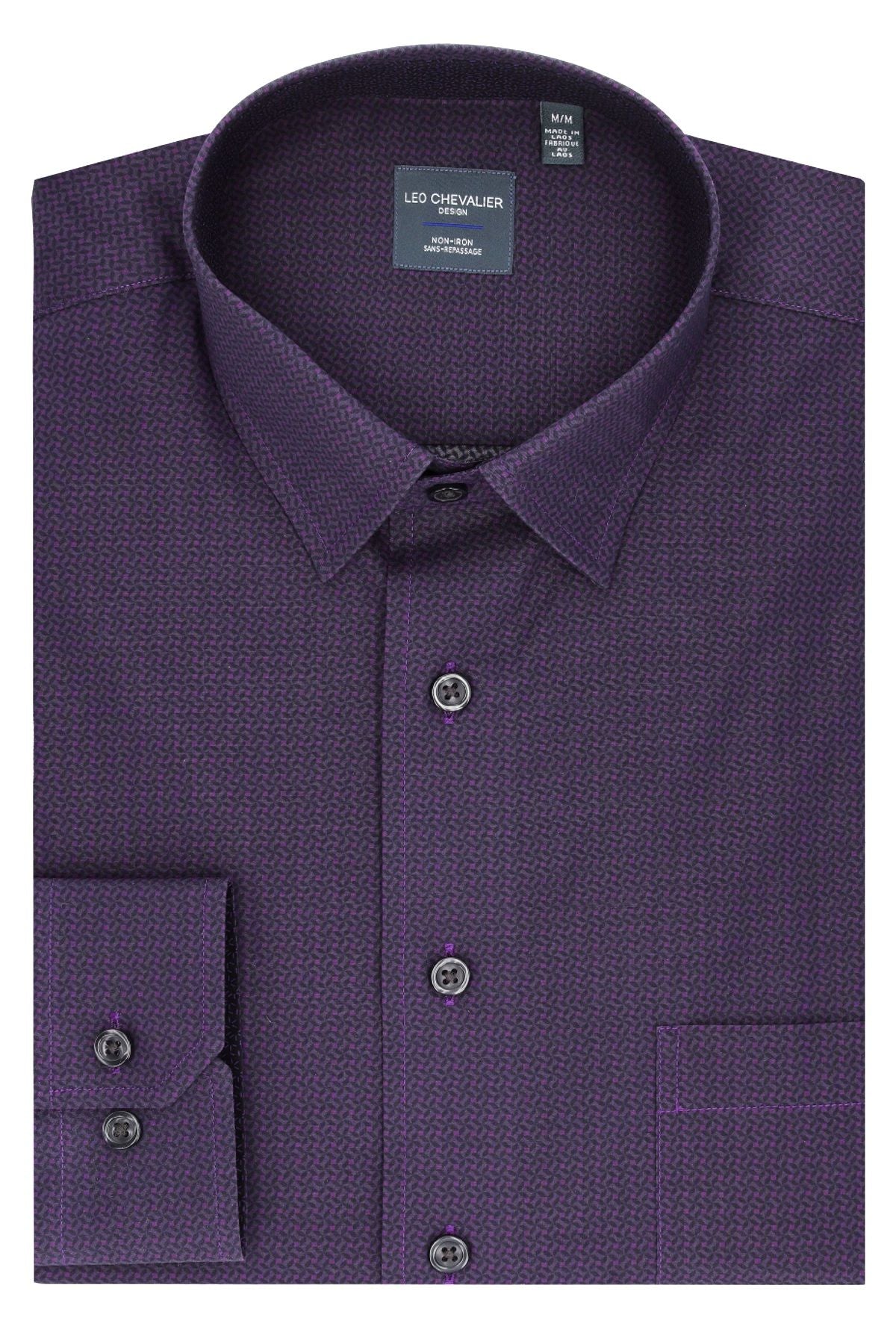 Tonal Plum Neat Geometric Cotton Sport Shirt with Hidden Button Down Collar by Leo Chevalier