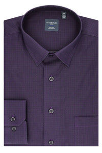 Tonal Plum Neat Geometric Cotton Sport Shirt with Hidden Button Down Collar by Leo Chevalier