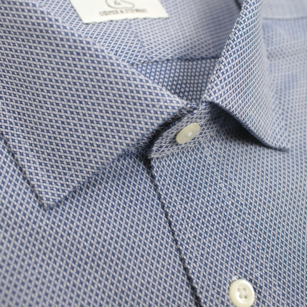 Blue and White Diamond Dobby Wrinkle-Free Cotton Dress Shirt with Spread Collar by Cooper & Stewart