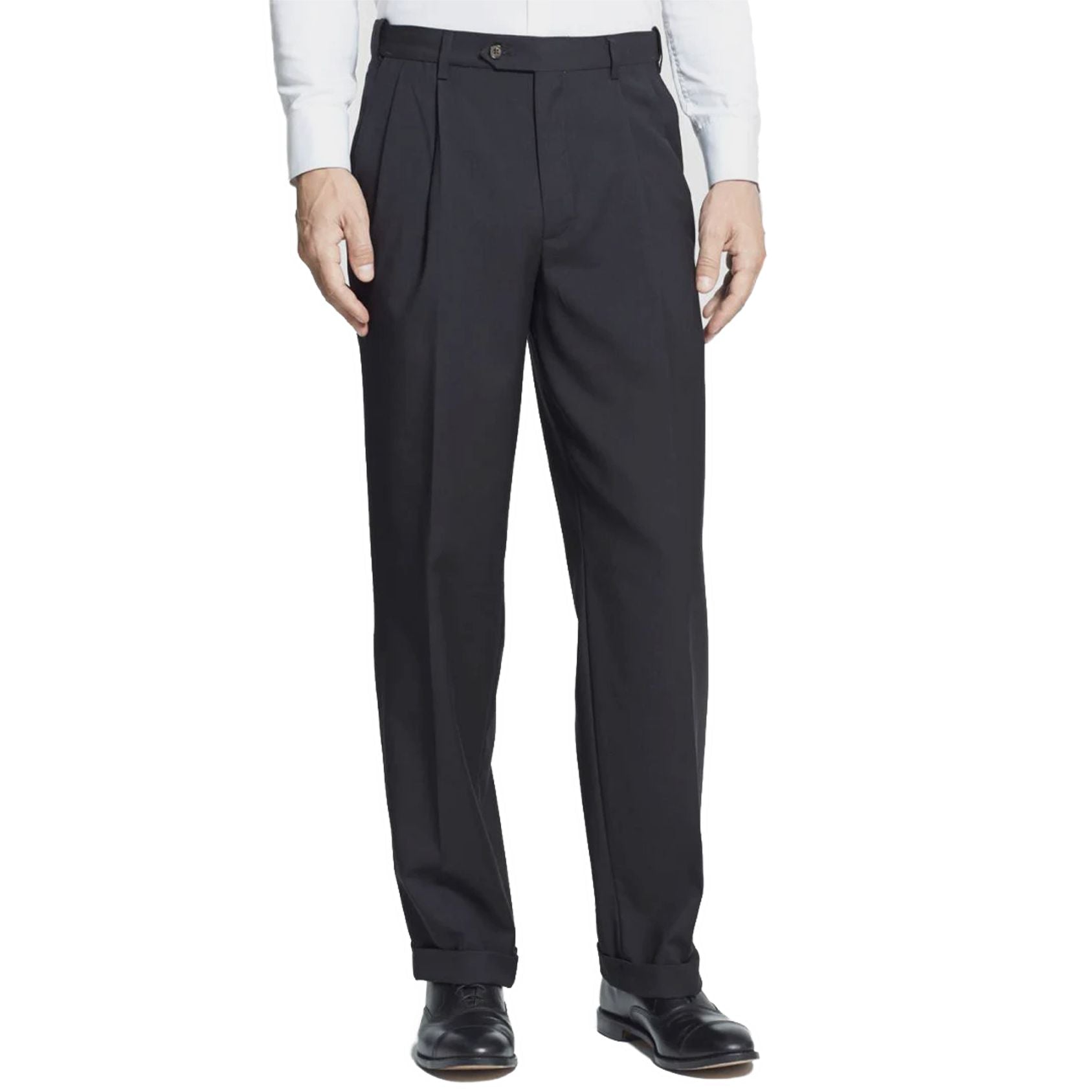 Polyester/Wool Tropical Washable Trouser in Black (Self Sizer Double Reverse Pleat - Regular & Long Rise) by Berle