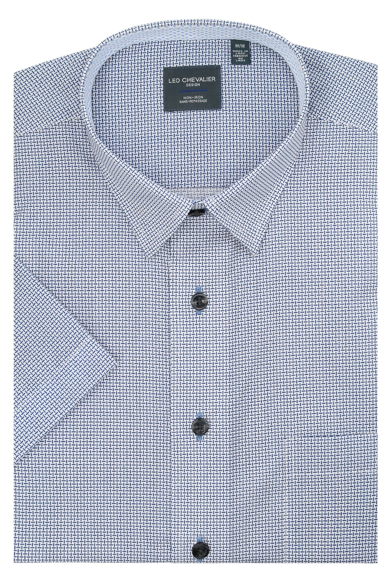 Blue and White Neat Grid Short Sleeve No-Iron Cotton Sport Shirt with Hidden Button Down Collar by Leo Chevalier