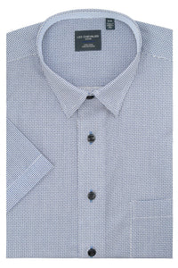 Blue and White Neat Grid Short Sleeve No-Iron Cotton Sport Shirt with Hidden Button Down Collar by Leo Chevalier
