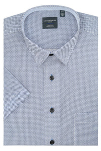 Blue and White Neat Grid Short Sleeve No-Iron Cotton Sport Shirt with Hidden Button Down Collar by Leo Chevalier