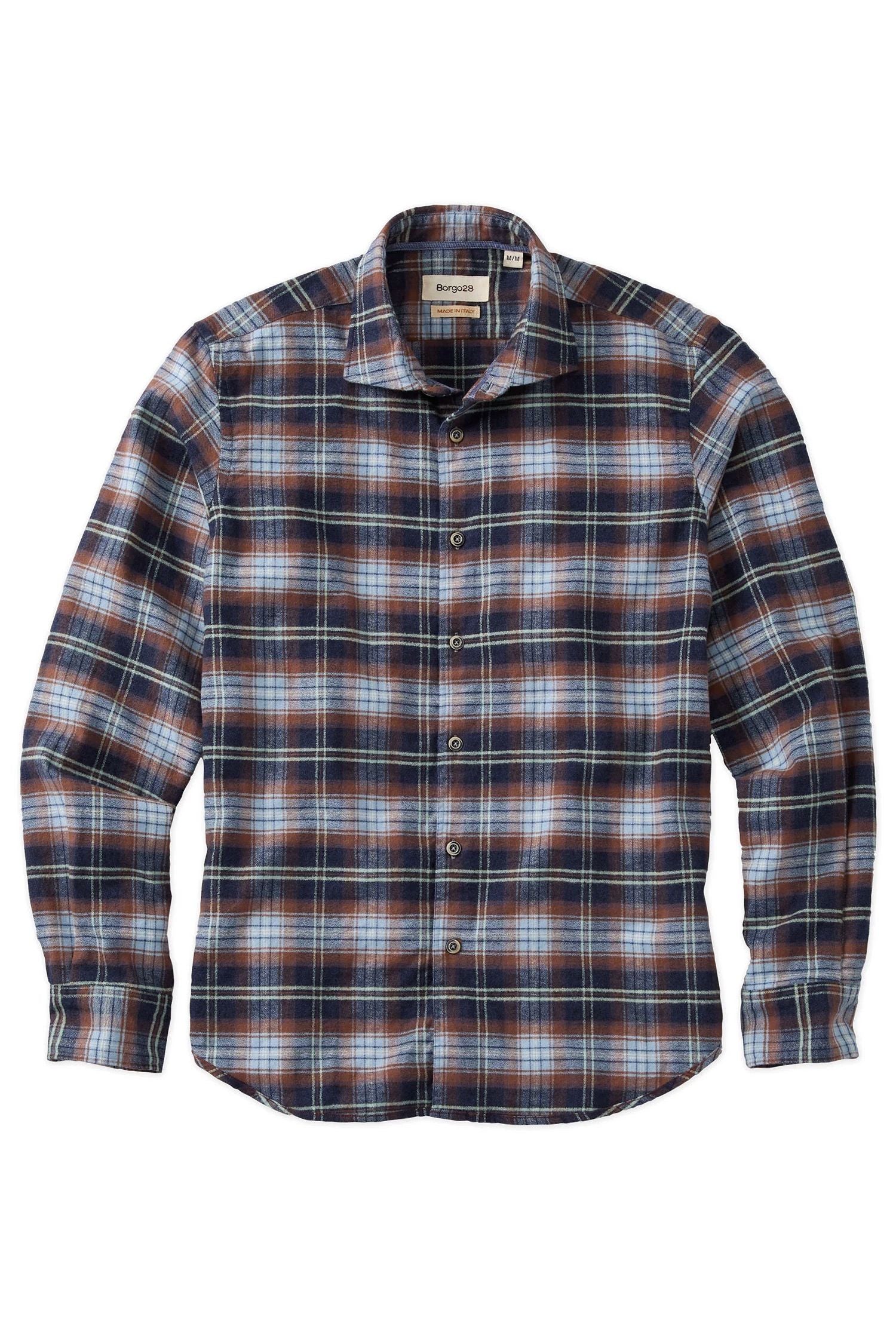 Italian Big Plaid Brushed Cotton Long-Sleeve Sport Shirt in Mid Blue by Borgo28
