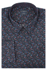 Navy, Sky, and Pink Mini Floral Print No-Iron Cotton Sport Shirt with Hidden Button Down Collar by Leo Chevalier