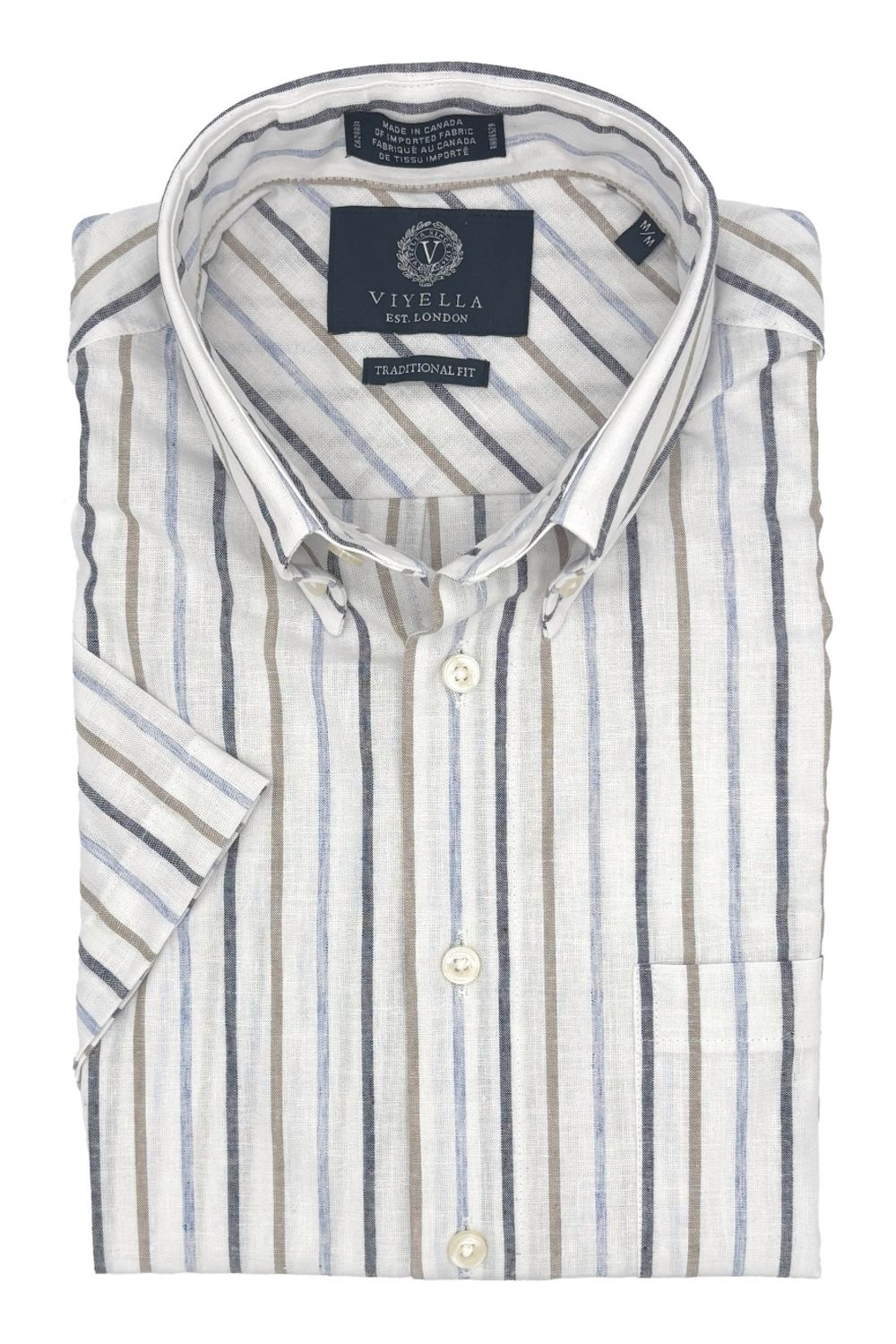 Blue, Navy, Taupe, and Natural Stripe Cotton and Linen Short Sleeve Sport Shirt by Viyella