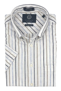 Blue, Navy, Taupe, and Natural Stripe Cotton and Linen Short Sleeve Sport Shirt by Viyella