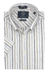 Blue, Navy, Taupe, and Natural Stripe Cotton and Linen Short Sleeve Sport Shirt by Viyella
